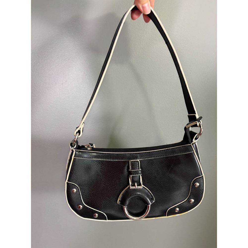 Y2K Baguette Shoulder Bag Womens Small Black Faux Leather Buckle Indie Retro